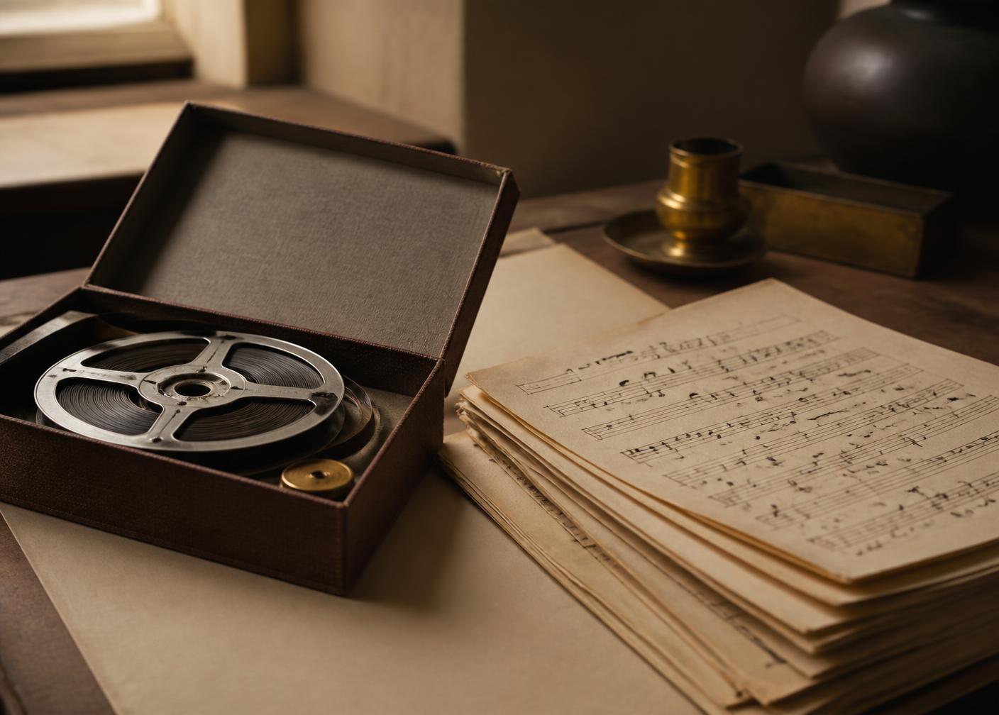 A reel-to-reel tape box beside a stack of handwritten sheet music on a desk in soft window light